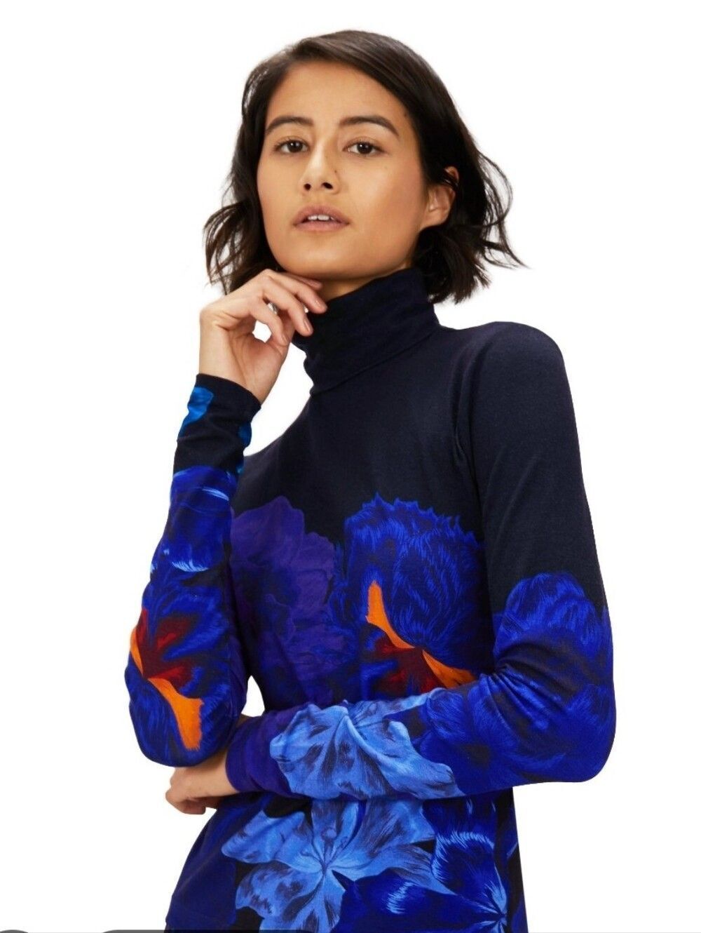 The KIT Indigo Iris Blue Floral Turtleneck Top Small